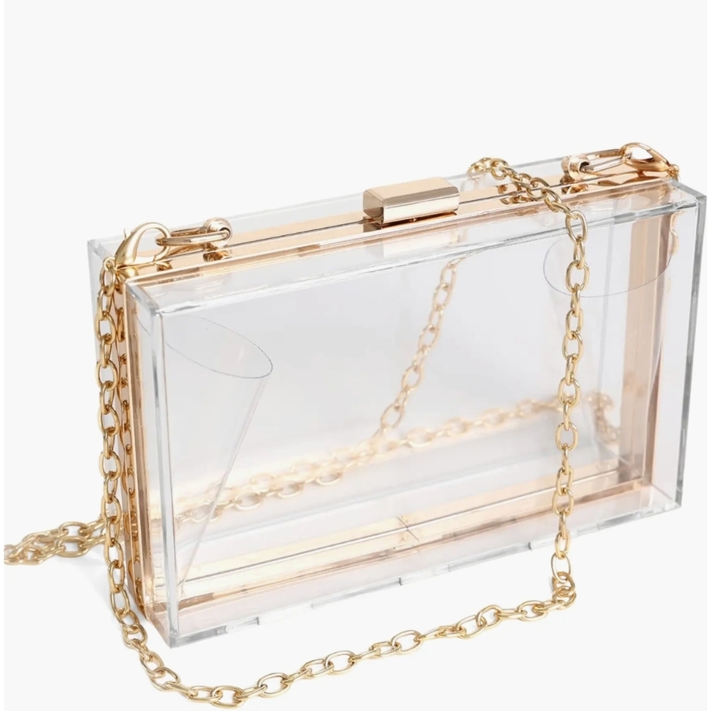 NWT: Transparent Box Clutch with Gold Accents  (GOLD SHIRLEY)